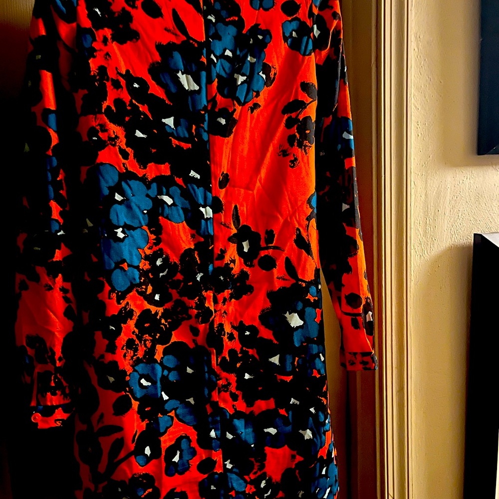 Long sleeve midi women’s dress (S) vivid floral print peekaboo slit bust-line